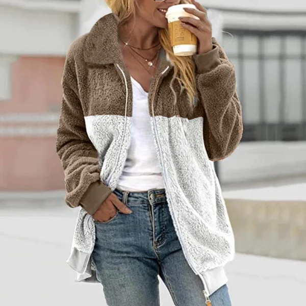 Women's Casual Color Blocking Loose Plush Zippered Flip Collar Jacket With - Image 19