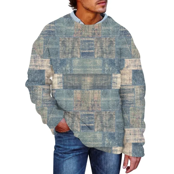 Men'S Printed Synthetic Sweater Round Neck Sportswear Loose Long Sleeved Top - Image 3
