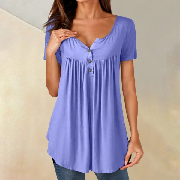 Women Tunic Tops Dressy Casual Summer Short Sleeve Shirts Loose Fit Pleated - Image 52