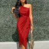 Women's long dress slanted shoulder slim satin dress - Image 6