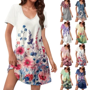 Women's Casual Sundress With Pockets Summer Boho Beach Dress Floral Blouses For