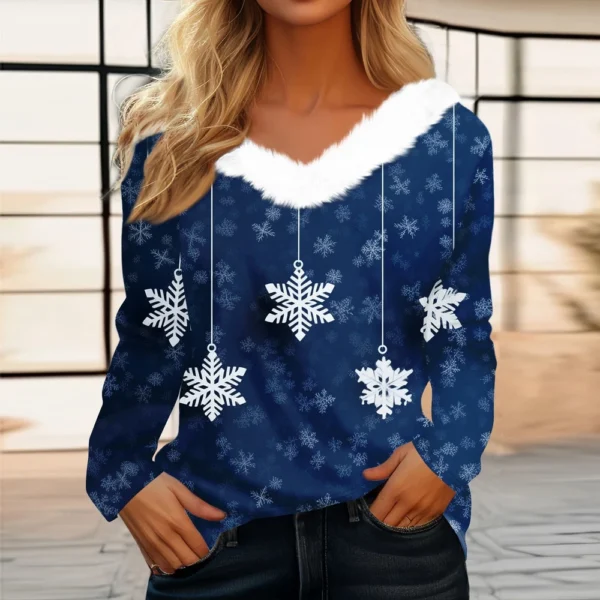Women's Christmas Long Sleeve Shirt Top V Neck Party Fleece Collar T Shirt - Image 16