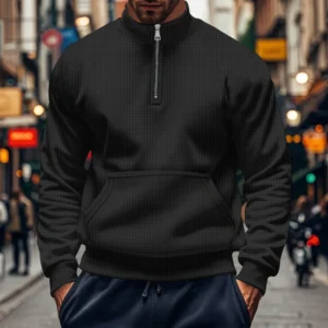 High neck solid color half zip pocket long sleeve for men