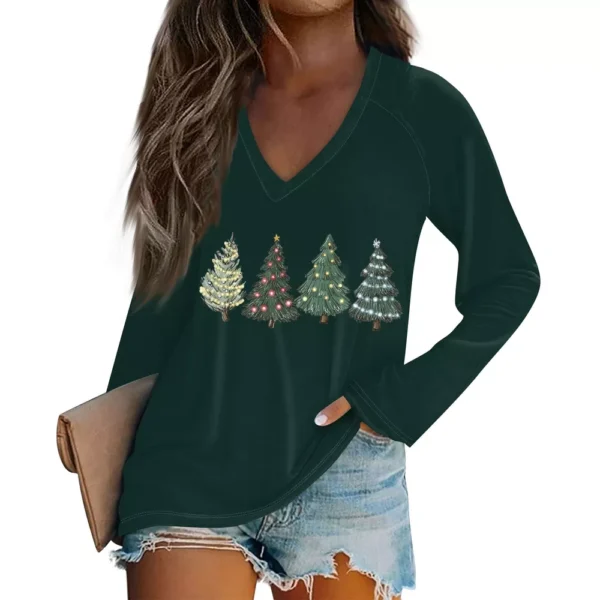 Women's Comfortable V-Neck Printed Long Sleeved Top Christmas Casual T-Shirt - Image 6