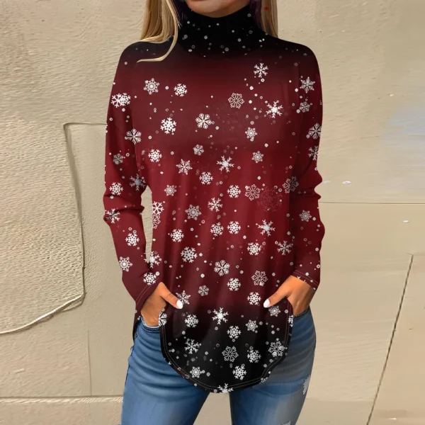 Women's Printed Pullover High Neck Fashion Long Sleeve Casual Christmas T-Shirt - Image 19