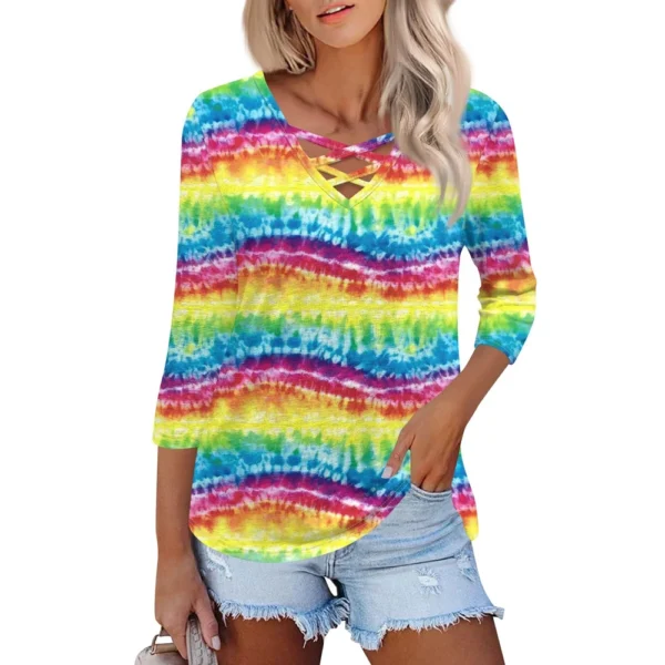 Women's Fashion Loose Cross V-Neck Seven Sleeve T-Shirt Vintage Floral Print - Image 8