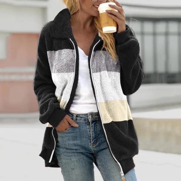Women's Casual Color Blocking Loose Plush Zippered Flip Collar Jacket With - Image 19