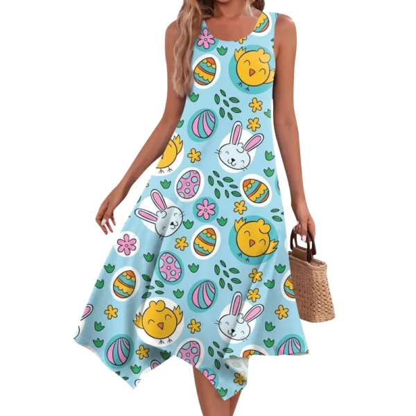 Women's Casual Fashion Round Neck Sleeveless Print Irregular Hem Midi Dress - Image 26