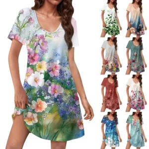 Women's Casual Sundress With Pockets Summer Boho Beach Dress Floral Blouses For