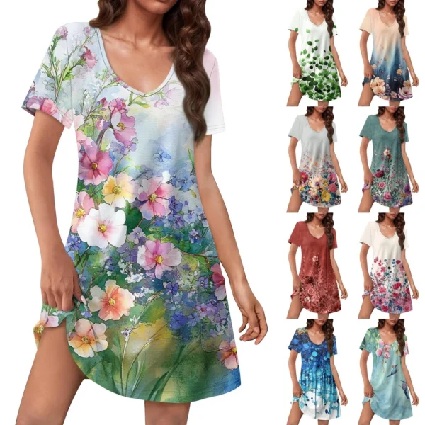 Women's Casual Sundress With Pockets Summer Boho Beach Dress Floral Blouses For