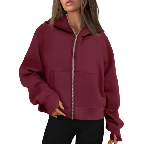 Women's Solid Color Zip-up Collar Hoodie With Sleeves And Fleece Hoodie Coat - Image 43