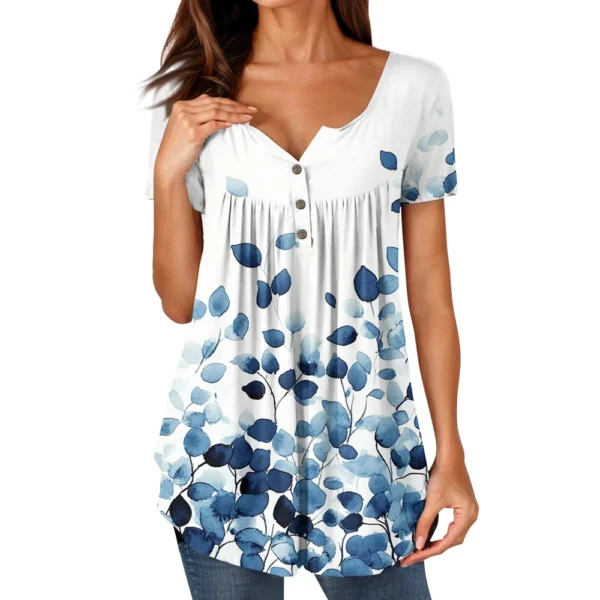 Women Tunic Tops Dressy Casual Summer Short Sleeve Shirts Loose Fit Pleated - Image 8