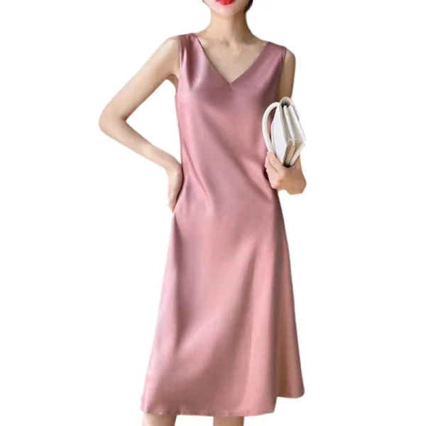 Women's Dress Satin Long Knee Length Summer Large Size Solid Color V-Neck Skirt - Image 19