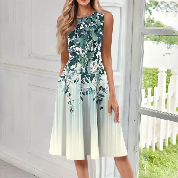 Women's Casual Fashion Floral Print Round Neck Sleeveless Solid Color Midi Dress - Image 19