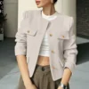 Women's Solid Color Round Neck Fashionable Button Decorated Short Jaket - Image 31