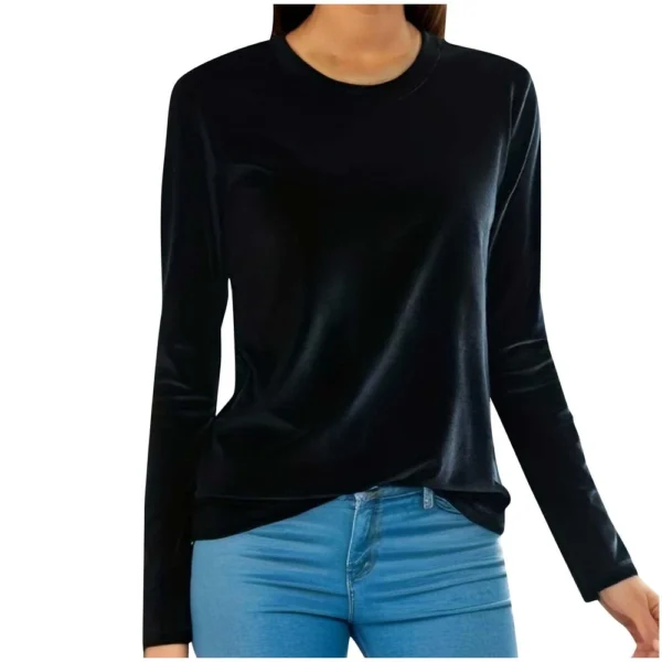 Women's Fashion Golden Velvet Solid Colour Round Neck Long Sleeve T-Shirt Top - Image 16