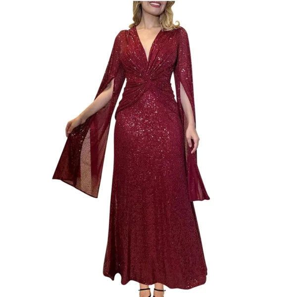 Women's Fashionable Solid Color V Neck Sequin Sexy Evening Dress Party Long - Image 29