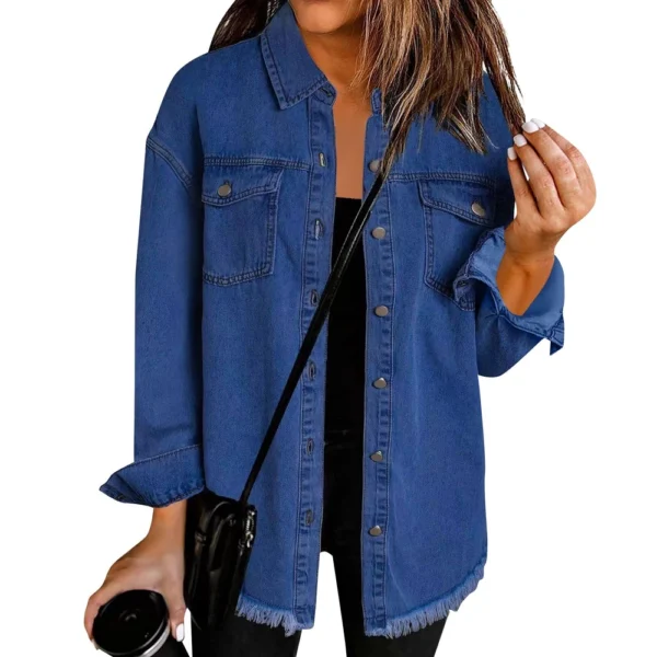 Women's Fashion Denim Shirt Jacket Milled Hem Button Casual Long Sleeve Jacket - Image 23