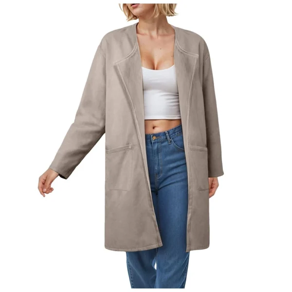 Ladies Solid Color Lapel Cardigan Tweed Cotton Coat Long Sleeve Jacket With - Image 43
