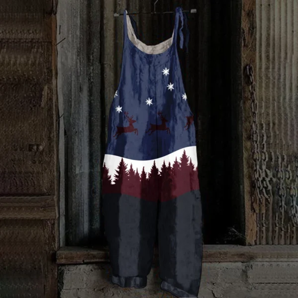 Women's Loose Vintage Shoulder Strap Print Casual Jumpsuit Christmas - Image 16
