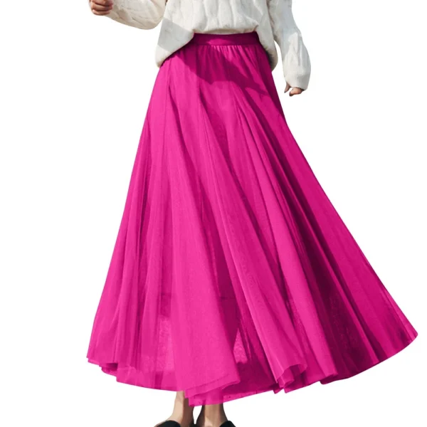 Women's Solid Color Mesh Skirt With Elastic Band Large Swing Mid Length Skirt - Image 3