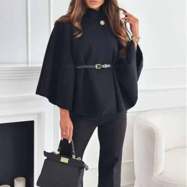Women's Fashion Solid Waist Tie Woolen Cape Coat - Image 13