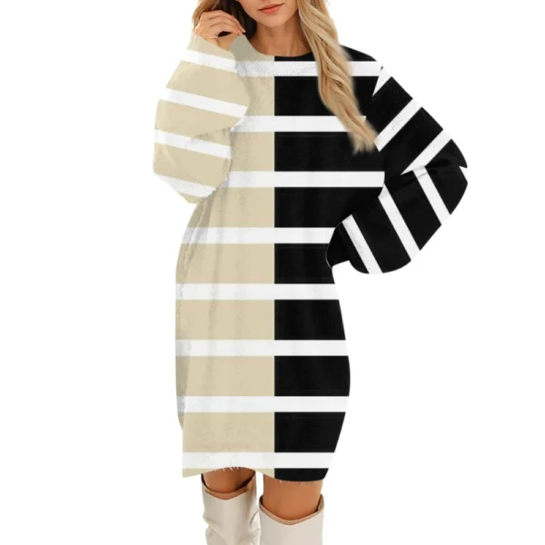 Women's Round Neck Casual Long Sleeve Plush Gradient Stripe Dresses - Image 9