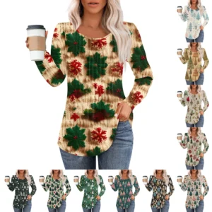 Women's Christmas Pleated Top Round Neck Casual Printed Long Sleeved T-Shirt