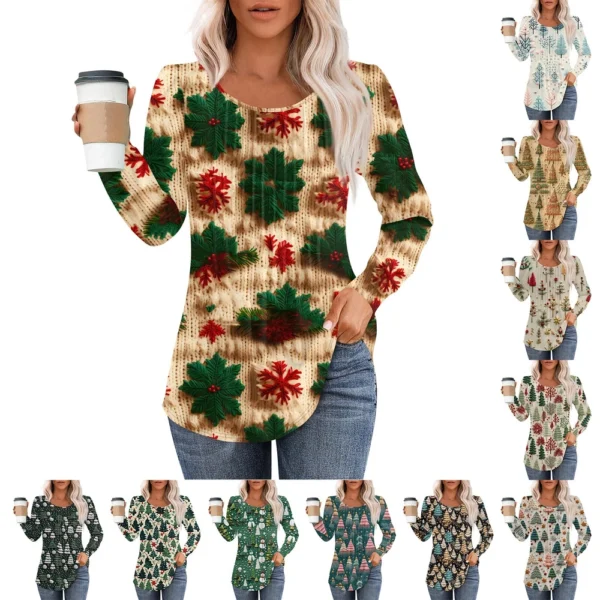 Women's Christmas Pleated Top Round Neck Casual Printed Long Sleeved T-Shirt
