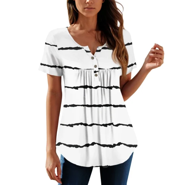 Women Tunic Tops Dressy Casual Summer Short Sleeve Shirts Loose Fit Pleated - Image 50