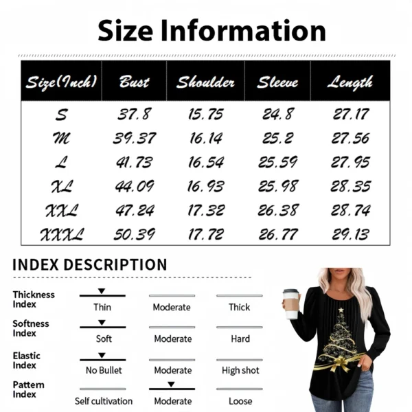 Women's Casual Christmas T-Shirt Round Neck Printed Pleated Long Sleeved Top - Image 15