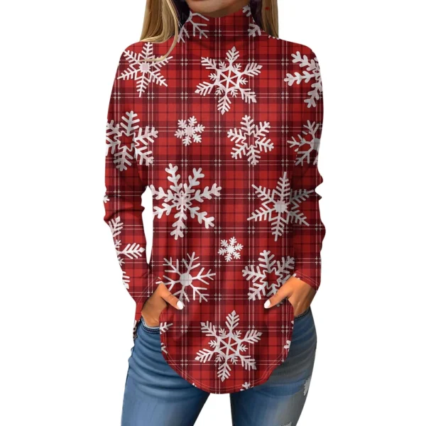 Women's Printed Pullover High Neck Fashion Long Sleeve Casual Christmas T-Shirt - Image 5