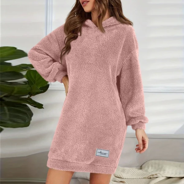 Women's Fashion Hooded Long Sleeve Plush Dress Solid Color Casual Sweatshirt - Image 36
