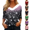 Women's V Neck Christmas Party Top Fleece Collar Shirt Long Sleeve T Shirt