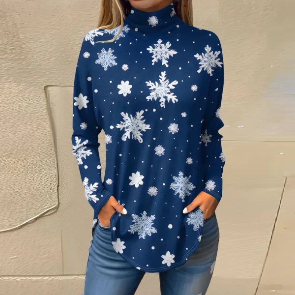 Women's Printed Pullover High Neck Fashion Long Sleeve Casual Christmas T-Shirt - Image 28
