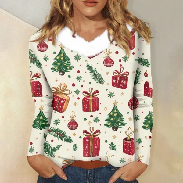 Women's Party Long Sleeve Shirt T Shirt V Neck Christmas Fleece Collar Top - Image 16