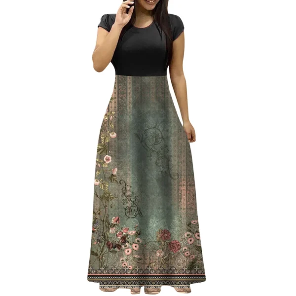 Women's Fashion Casual Loose Printed Round Neck Short Sleeve Long Dresses - Image 26