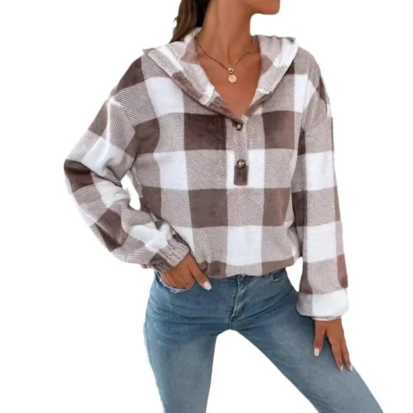 Button Hooded Plush Loose Casual Sweater Women's Clothing - Image 5