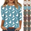 Women's Casual Round Neck Easter Egg Print Three-quarter Sleeve T-shirt Top