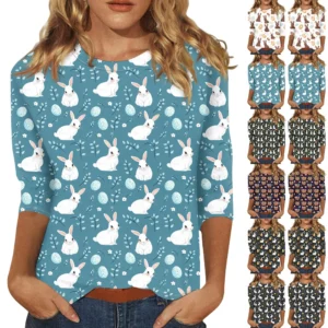 Women's Casual Round Neck Easter Egg Print Three-quarter Sleeve T-shirt Top