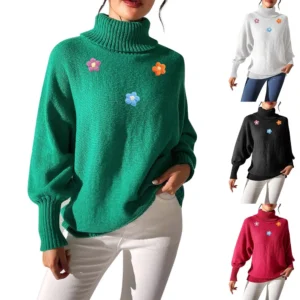 Women's  Fall And Winter Solid  Hand   Crochet Flower Splicing Turtleneck