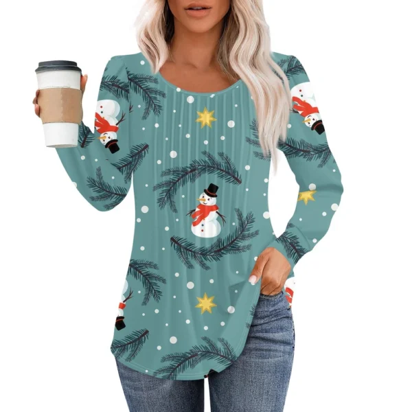 Women's Christmas Printed Top Round Neck Casual Pleated Long Sleeved T-Shirt - Image 2