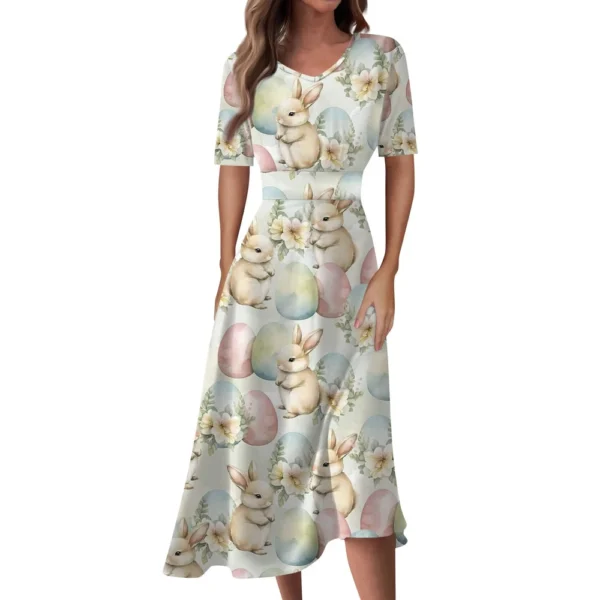 Ladies Casual Fashion Gradient Print V-Neck Short Sleeve Waist Long Swing Dress - Image 20