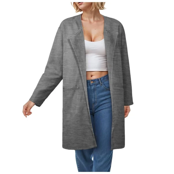 Ladies Solid Color Lapel Cardigan Tweed Cotton Coat Long Sleeve Jacket With - Image 34