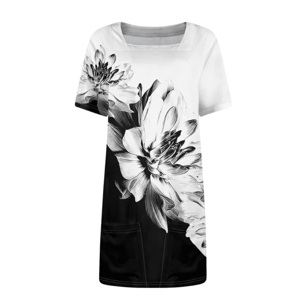 Women's Square Collar Short Sleeve Fashion Skirt Floral Print Pocket Casual - Image 12