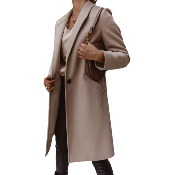 Solid color lapel long button woolen coat for women - Image 9