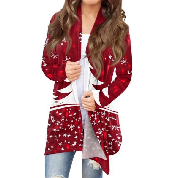 Women's Fashion Christmas Printed Jacket Cardigan Casual Medium Length Coat - Image 29