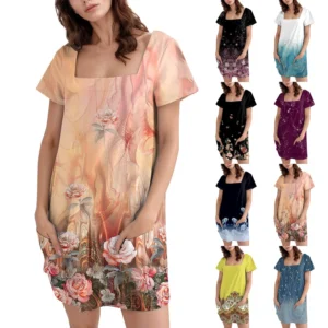 Women's Square Collar Short Sleeve Fashion Skirt Floral Print Pocket Casual