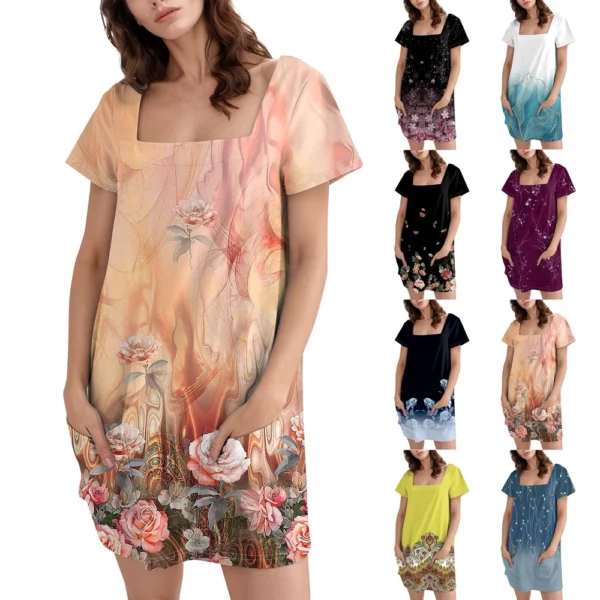 Women's Square Collar Short Sleeve Fashion Skirt Floral Print Pocket Casual