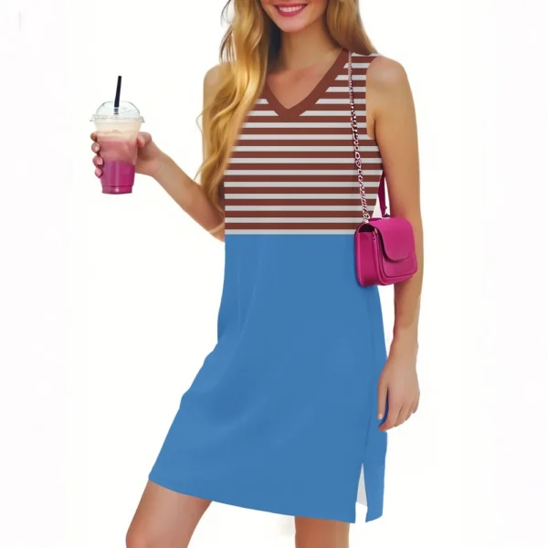 Women's Casual Fashion Sexy V-neck Sleeveless Striped Hem Slit Dress - Image 3